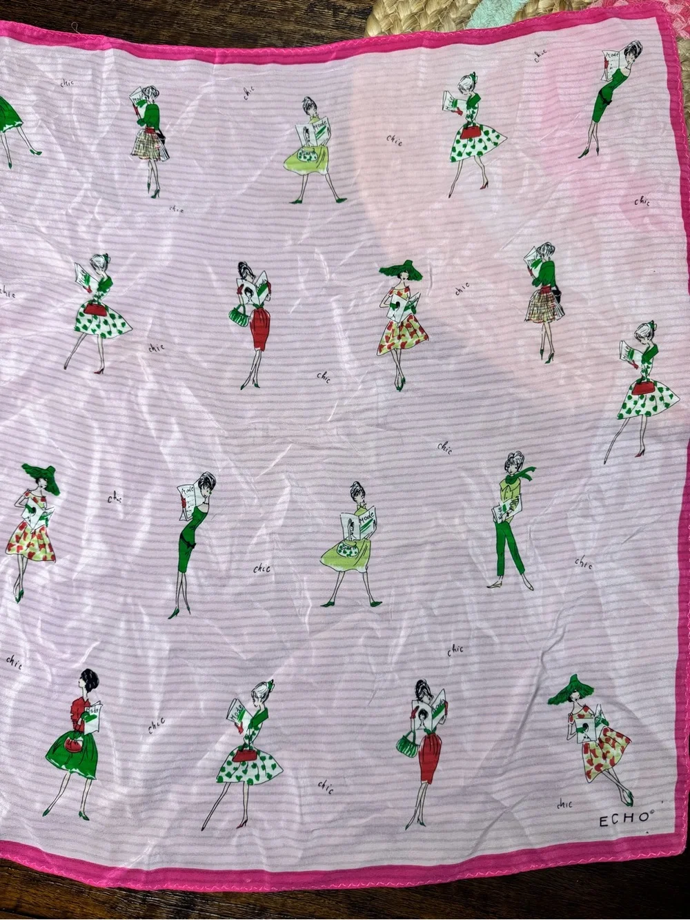 Echo Pink Scarf with Green and Red Fashion Figures